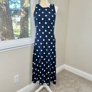 Lauren Ralph Lauren Navy White Polka Dot Midi Dress Women 4 Sleeveless Luxury